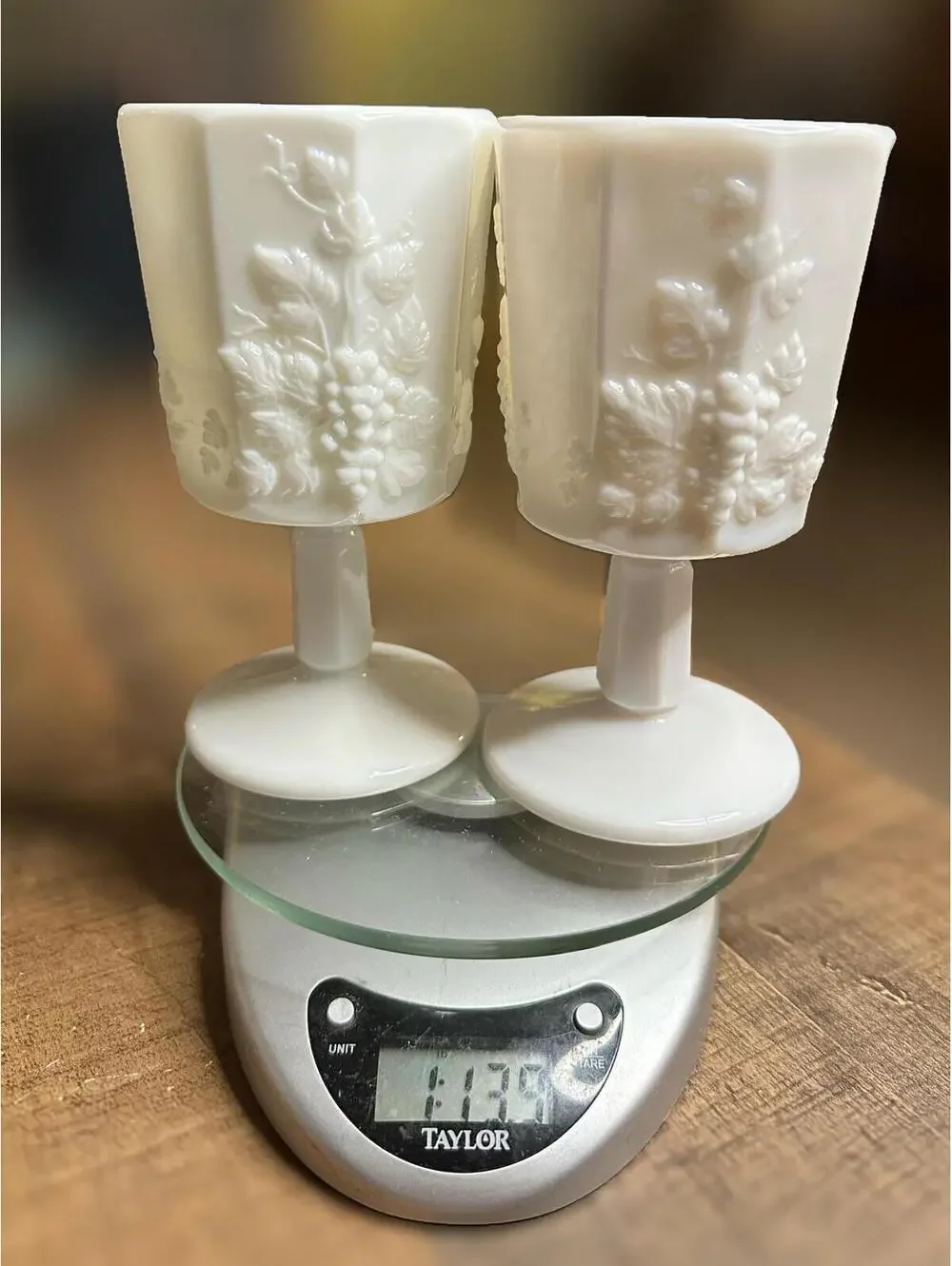Set of 2 Vintage White Milk Glass Goblets with Grape Vine Relief